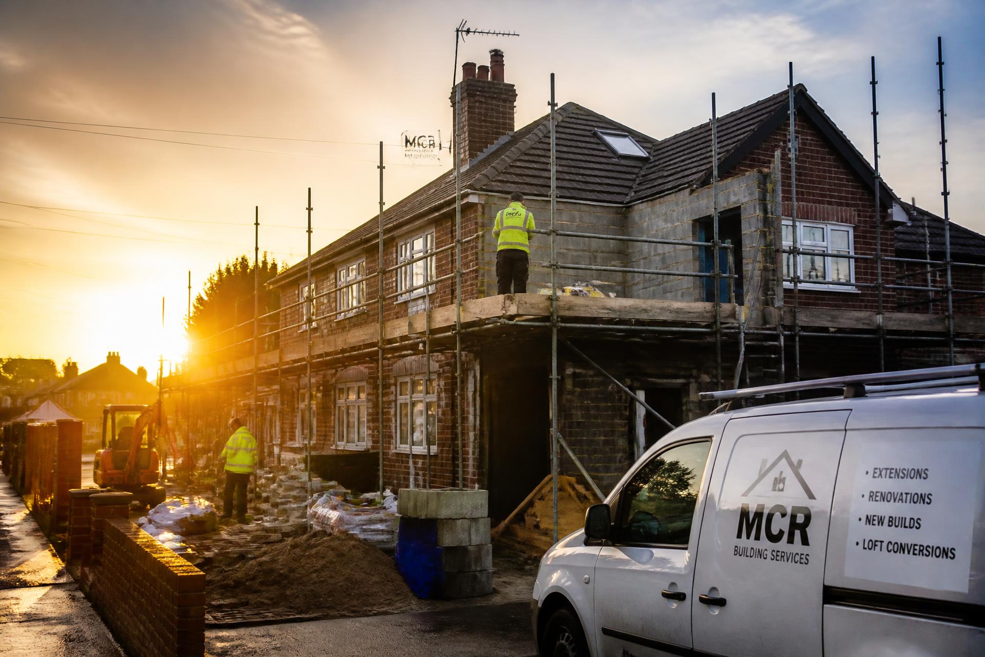 Renovation project on a brick house at sunrise with scaffolding and tradespeople